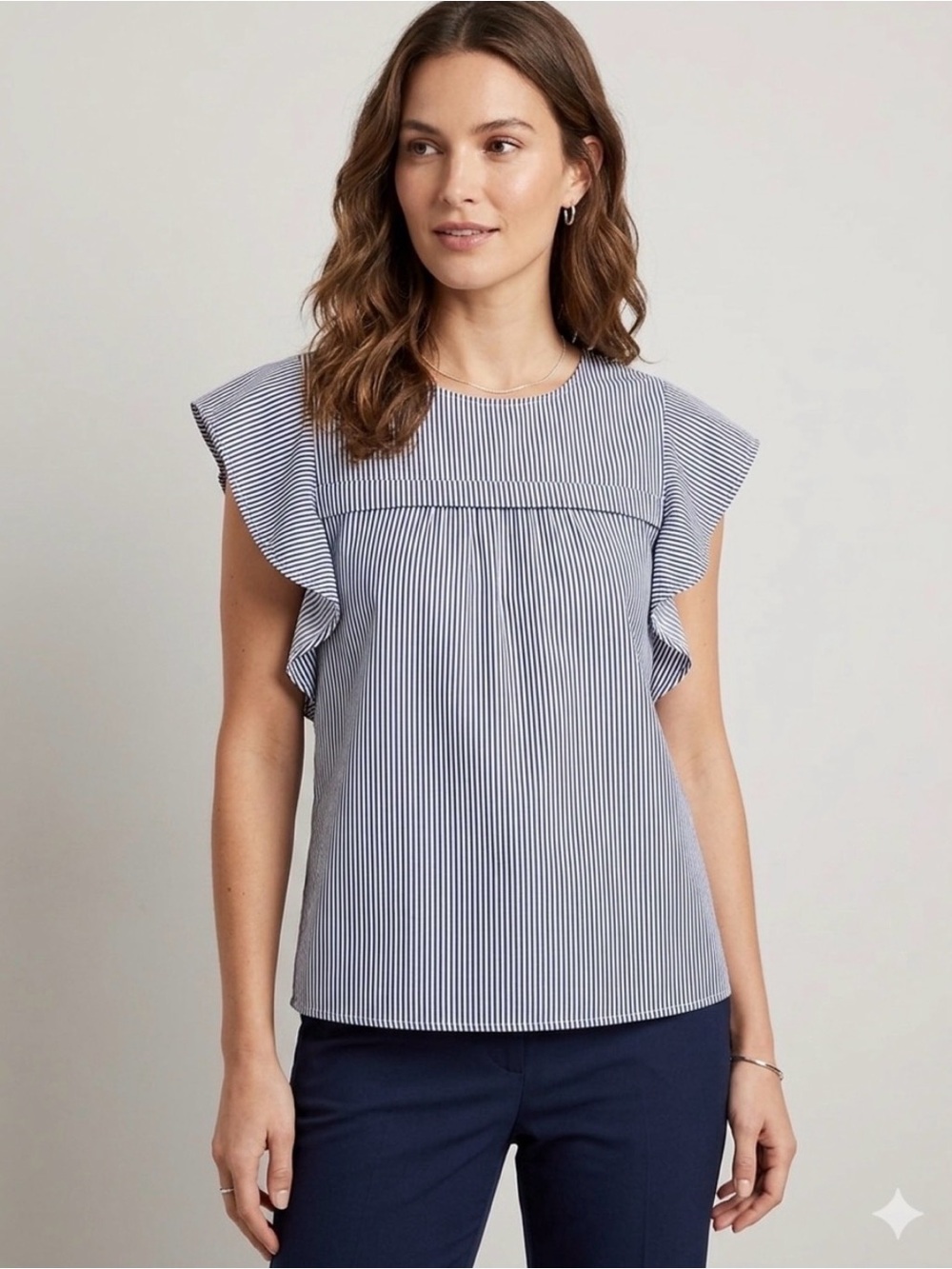 Monteau Striped Flutter Sleeve Women's Top in Navy and White